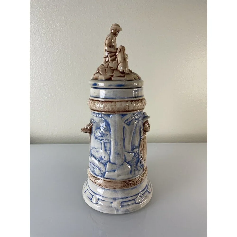 Vintage Hand Painted Ceramic German Deer Stein W/ Man & Dog Lid Brown Blue 12.5”
